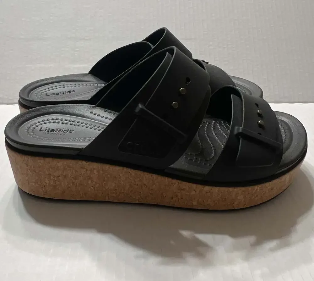 Crocs Brooklyn Cork Buckle Women's Black Platform Wedge Sandal Size W9 NWT